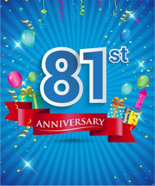 Konfeti ve balon, kırmızı kurdele, renkli vektör tasarım şablonu öğeleri için davetiye, broşür, afiş ve poster 81 yıl yıldönümü logolu kutluyor