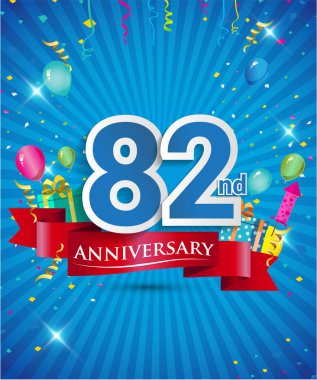 Konfeti ve balon, kırmızı kurdele, renkli vektör tasarım şablonu öğeleri için davetiye, broşür, afiş ve poster 82 yıl yıldönümü logolu kutluyor