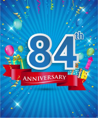 Konfeti ve balon, kırmızı kurdele, renkli vektör tasarım şablonu öğeleri için davetiye, broşür, afiş ve poster 84 yıl yıldönümü logolu kutluyor