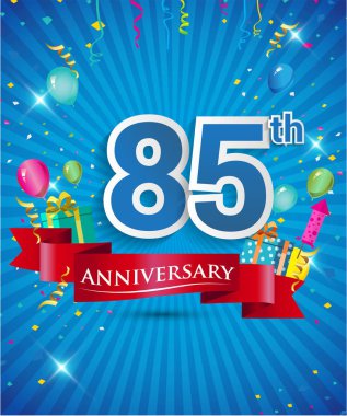 Konfeti ve balon, kırmızı kurdele, renkli vektör tasarım şablonu öğeleri için davetiye, broşür, afiş ve poster 85 yıl yıldönümü logolu kutluyor
