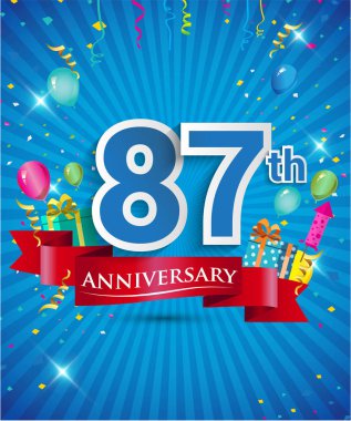 Konfeti ve balon, kırmızı kurdele, renkli vektör tasarım şablonu öğeleri için davetiye, broşür, afiş ve poster 87 yıl yıldönümü logolu kutluyor