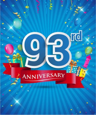Konfeti ve balon, kırmızı kurdele, renkli vektör tasarım şablonu öğeleri için davetiye, broşür, afiş ve poster 93 yıl yıldönümü logolu kutluyor