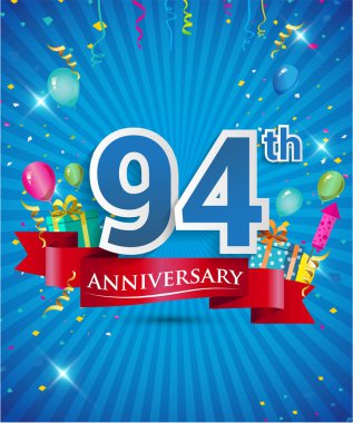 Konfeti ve balon, kırmızı kurdele, renkli vektör tasarım şablonu öğeleri için davetiye, broşür, afiş ve poster 94 yıl yıldönümü logolu kutluyor