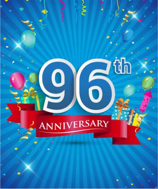 Konfeti ve balon, kırmızı kurdele, renkli vektör tasarım şablonu öğeleri için davetiye, broşür, afiş ve poster 96 yıl yıldönümü logolu kutluyor
