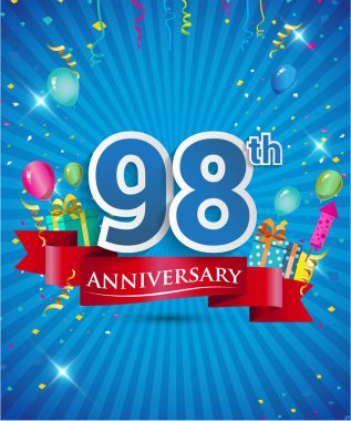Konfeti ve balon, kırmızı kurdele, renkli vektör tasarım şablonu öğeleri için davetiye, broşür, afiş ve poster 98 yıl yıldönümü logolu kutluyor