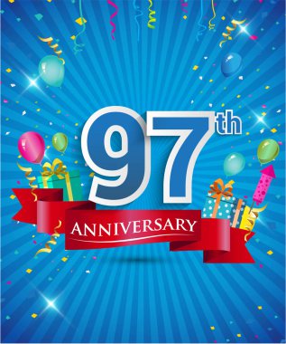 Konfeti ve balon, kırmızı kurdele, renkli vektör tasarım şablonu öğeleri için davetiye, broşür, afiş ve poster 97 yıl yıldönümü logolu kutluyor