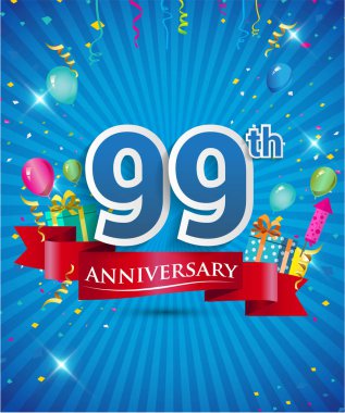 Konfeti ve balon, kırmızı kurdele, renkli vektör tasarım şablonu öğeleri için davetiye, broşür, afiş ve poster 99 yıl yıldönümü logolu kutluyor