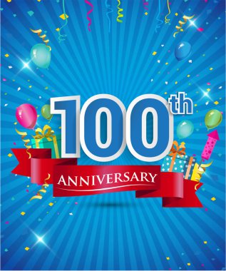 Konfeti ve balon, kırmızı kurdele, renkli vektör tasarım şablonu öğeleri davetiye, broşür, afiş ve poster için 100 yıl yıldönümü logolu kutluyor