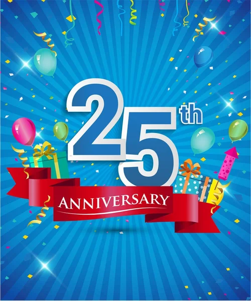 Celebrando Anos Logotipo Aniversário Com Confete Balões Fita Vermelha Elementos — Vetor de Stock