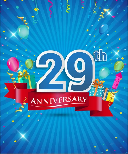 Comemorando Anos Logotipo Aniversário Com Confetes Balões Fita Vermelha Elementos — Vetor de Stock