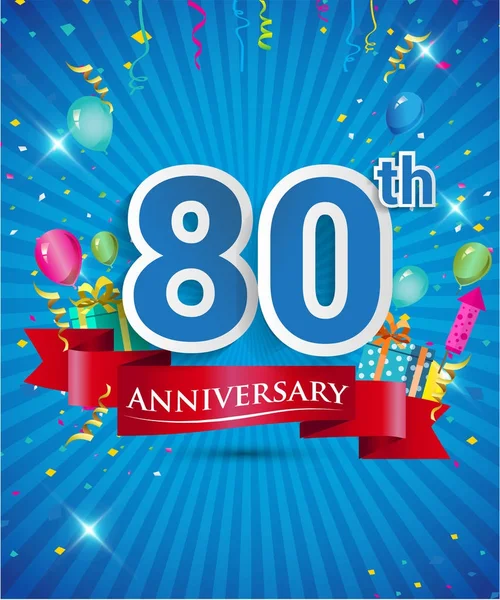 Celebrando Anos Logotipo Aniversário Com Confetes Balões Fita Vermelha Elementos —  Vetores de Stock
