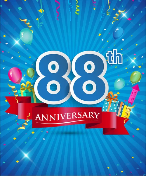 Comemorando Anos Logotipo Aniversário Com Confetes Balões Fita Vermelha Elementos — Vetor de Stock