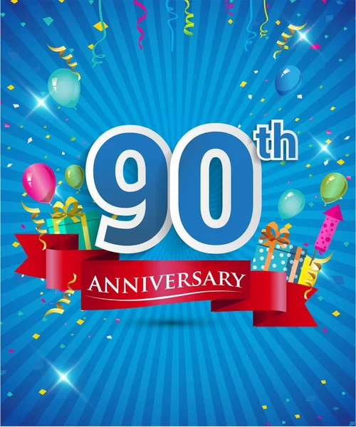 Comemorando Anos Logotipo Aniversário Com Confetes Balões Fita Vermelha Elementos —  Vetores de Stock