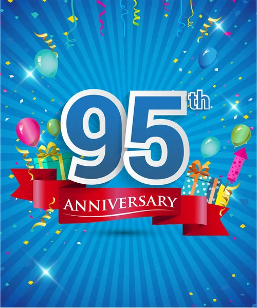 Celebrando Anos Logotipo Aniversário Com Confetes Balões Fita Vermelha Elementos — Vetor de Stock