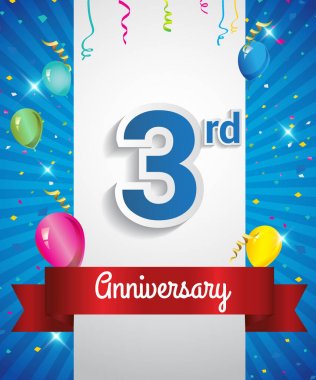 Konfeti ve balon, kırmızı kurdele, renkli vektör tasarım şablonu öğeleri davetiye, broşür, afiş ve poster için RD yıldönümü logolu kutluyor