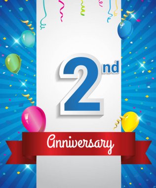 Konfeti ve balon, kırmızı kurdele, renkli vektör tasarım şablonu öğeleri için davetiye, broşür, afiş ve poster ile 2 yıl dönümü logo kutluyor