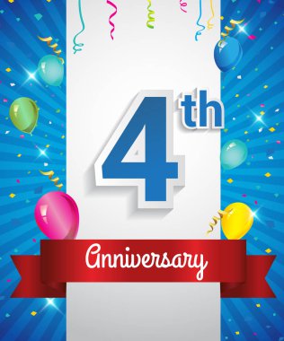4 Yıldönümü logosu, konfeti ve balon, kırmızı kurdele, renkli vektör tasarım şablonu öğeleri için davetiye, broşür, afiş ve poster ile kutluyor