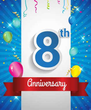 Konfeti ve balon, kırmızı kurdele, renkli vektör tasarım şablonu öğeleri için davetiye, broşür, afiş ve poster ile 8 yıl dönümü logo kutluyor