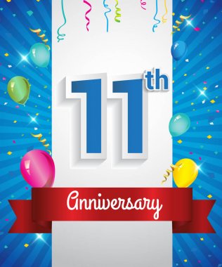 11 yıldönümü logosu, konfeti ve balon, kırmızı kurdele, renkli vektör tasarım şablonu öğeleri için davetiye, broşür, afiş ve poster ile kutluyor