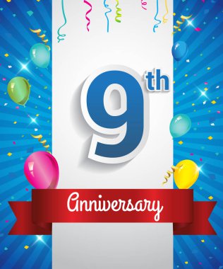9 yıldönümü logosu, konfeti ve balon, kırmızı kurdele, renkli vektör tasarım şablonu öğeleri için davetiye, broşür, afiş ve poster ile kutluyor