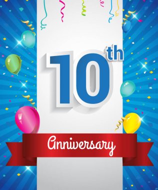 10th yıldönümü logosu, konfeti ve balon, kırmızı kurdele, renkli vektör tasarım şablonu öğeleri için davetiye, broşür, afiş ve poster ile kutluyor