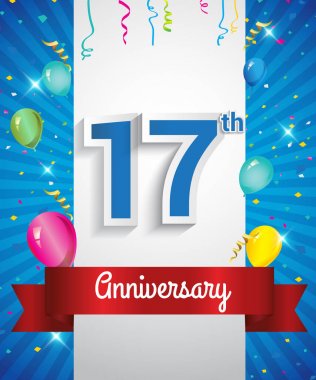 17 yıldönümü logosu, konfeti ve balon, kırmızı kurdele, renkli vektör tasarım şablonu öğeleri için davetiye, broşür, afiş ve poster ile kutluyor