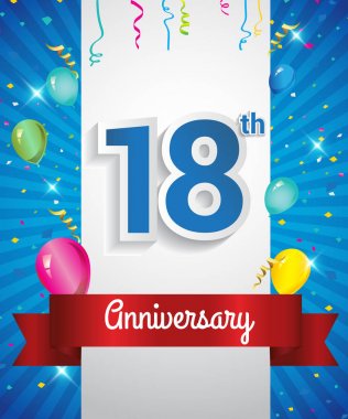 18 yıldönümü logosu, konfeti ve balon, kırmızı kurdele, renkli vektör tasarım şablonu öğeleri için davetiye, broşür, afiş ve poster ile kutluyor