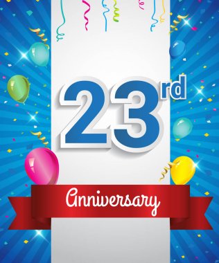 23 yıldönümü logosu, konfeti ve balon, kırmızı kurdele, renkli vektör tasarım şablonu öğeleri için davetiye, broşür, afiş ve poster ile kutluyor