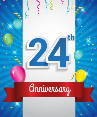 Konfeti ve balon, kırmızı kurdele, renkli vektör tasarım şablonu öğeleri için davetiye, broşür, afiş ve poster ile 24 yıl dönümü logo kutluyor