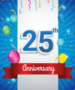 Konfeti ve balon, kırmızı kurdele, renkli vektör tasarım şablonu öğeleri için davetiye, broşür, afiş ve poster ile 25 yıldönümü logo kutluyor