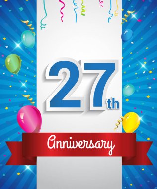 27 yıldönümü logosu, konfeti ve balon, kırmızı kurdele, renkli vektör tasarım şablonu öğeleri için davetiye, broşür, afiş ve poster ile kutluyor