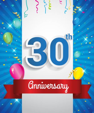 Konfeti ve balon, kırmızı kurdele, renkli vektör tasarım şablonu öğeleri için davetiye, broşür, afiş ve poster ile 30 yıldönümü logo kutluyor