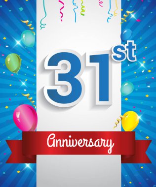 Konfeti ve balon, kırmızı kurdele, renkli vektör tasarım şablonu öğeleri için davetiye, broşür, afiş ve poster ile 31 yıldönümü logo kutluyor