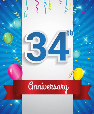 34 yıldönümü logosu, konfeti ve balon, kırmızı kurdele, renkli vektör tasarım şablonu öğeleri için davetiye, broşür, afiş ve poster ile kutluyor