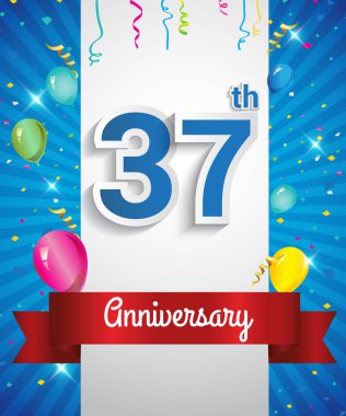 Konfeti ve balon, kırmızı kurdele, renkli vektör tasarım şablonu öğeleri için davetiye, broşür, afiş ve poster ile 37 yıl dönümü logo kutluyor
