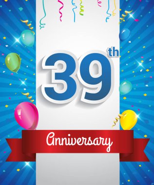 39 yıldönümü logosu, konfeti ve balon, kırmızı kurdele, renkli vektör tasarım şablonu öğeleri için davetiye, broşür, afiş ve poster ile kutluyor