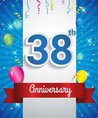38 Yıldönümü logosu, konfeti ve balon, kırmızı kurdele, renkli vektör tasarım şablonu öğeleri için davetiye, broşür, afiş ve poster ile kutluyor