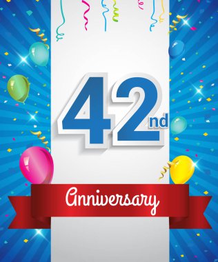 42 nci yıldönümü logosu, konfeti ve balon, kırmızı kurdele, renkli vektör tasarım şablonu öğeleri için davetiye, broşür, afiş ve poster ile kutluyor