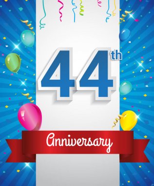 4 Yıldönümü logosu, konfeti ve balon, kırmızı kurdele, renkli vektör tasarım şablonu öğeleri için davetiye, broşür, afiş ve poster ile kutluyor