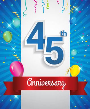Konfeti ve balon, kırmızı kurdele, renkli vektör tasarım şablonu öğeleri için davetiye, broşür, afiş ve poster ile 45 yıldönümü logo kutluyor