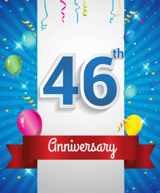 46th yıldönümü logosu, konfeti ve balon, kırmızı kurdele, renkli vektör tasarım şablonu öğeleri için davetiye, broşür, afiş ve poster ile kutluyor