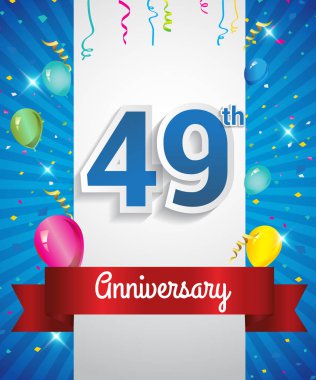 49 yıldönümü logosu, konfeti ve balon, kırmızı kurdele, renkli vektör tasarım şablonu öğeleri için davetiye, broşür, afiş ve poster ile kutluyor