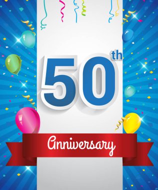 Konfeti ve balon, kırmızı kurdele, renkli vektör tasarım şablonu öğeleri için davetiye, broşür, afiş ve poster ile 50 yıldönümü logo kutluyor