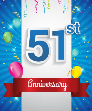 Konfeti ve balon, kırmızı kurdele, renkli vektör tasarım şablonu öğeleri için davetiye, broşür, afiş ve poster ile 51 yıldönümü logo kutluyor