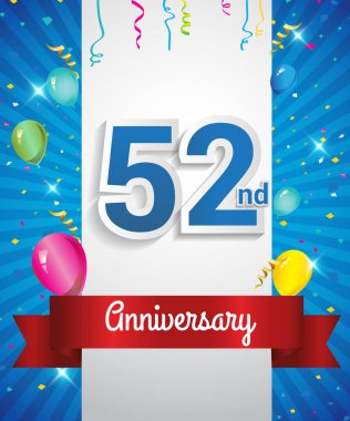 Konfeti ve balon, kırmızı kurdele, renkli vektör tasarım şablonu öğeleri için davetiye, broşür, afiş ve poster ile 52 yıldönümü logo kutluyor