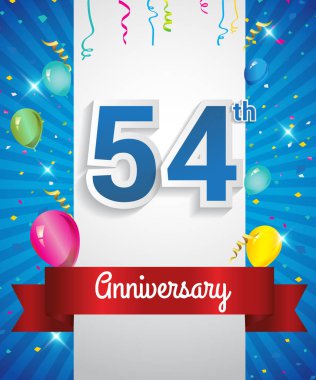54 yıldönümü logosu, konfeti ve balon, kırmızı kurdele, renkli vektör tasarım şablonu öğeleri için davetiye, broşür, afiş ve poster ile kutluyor