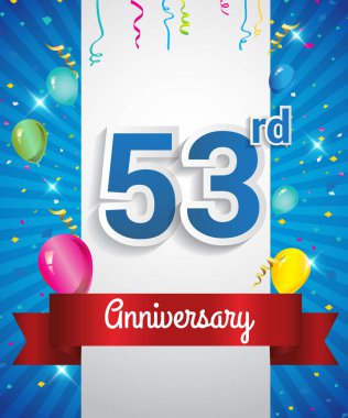 53 Yıldönümü logosu, konfeti ve balon, kırmızı kurdele, renkli vektör tasarım şablonu öğeleri için davetiye, broşür, afiş ve poster ile kutluyor