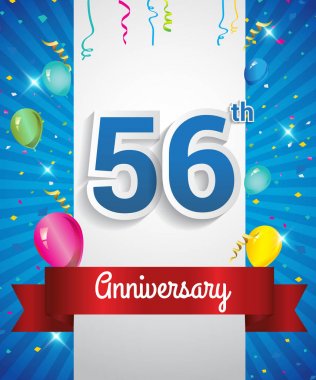 Konfeti ve balon, kırmızı kurdele, renkli vektör tasarım şablonu öğeleri için davetiye, broşür, afiş ve poster ile 56 yıldönümü logo kutluyor