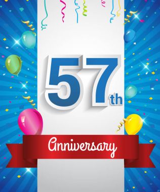 Konfeti ve balon, kırmızı kurdele, renkli vektör tasarım şablonu öğeleri için davetiye, broşür, afiş ve poster ile 57 yıldönümü logo kutluyor
