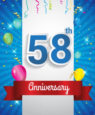 58 yıldönümü logosu, konfeti ve balon, kırmızı kurdele, renkli vektör tasarım şablonu öğeleri için davetiye, broşür, afiş ve poster ile kutluyor